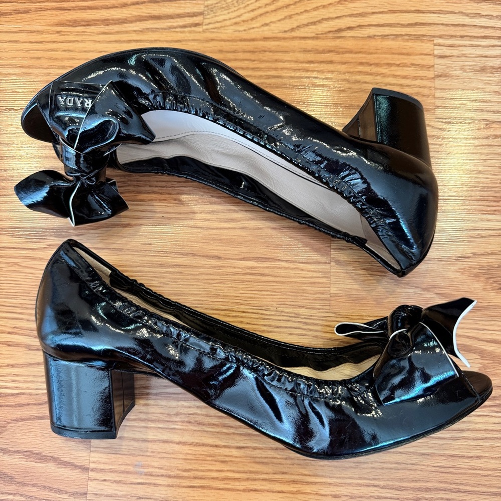 Prada Sport Patent Leather Bow Accent Block Heel Shoes Black size 39 1/2 - Picture 4 of 6